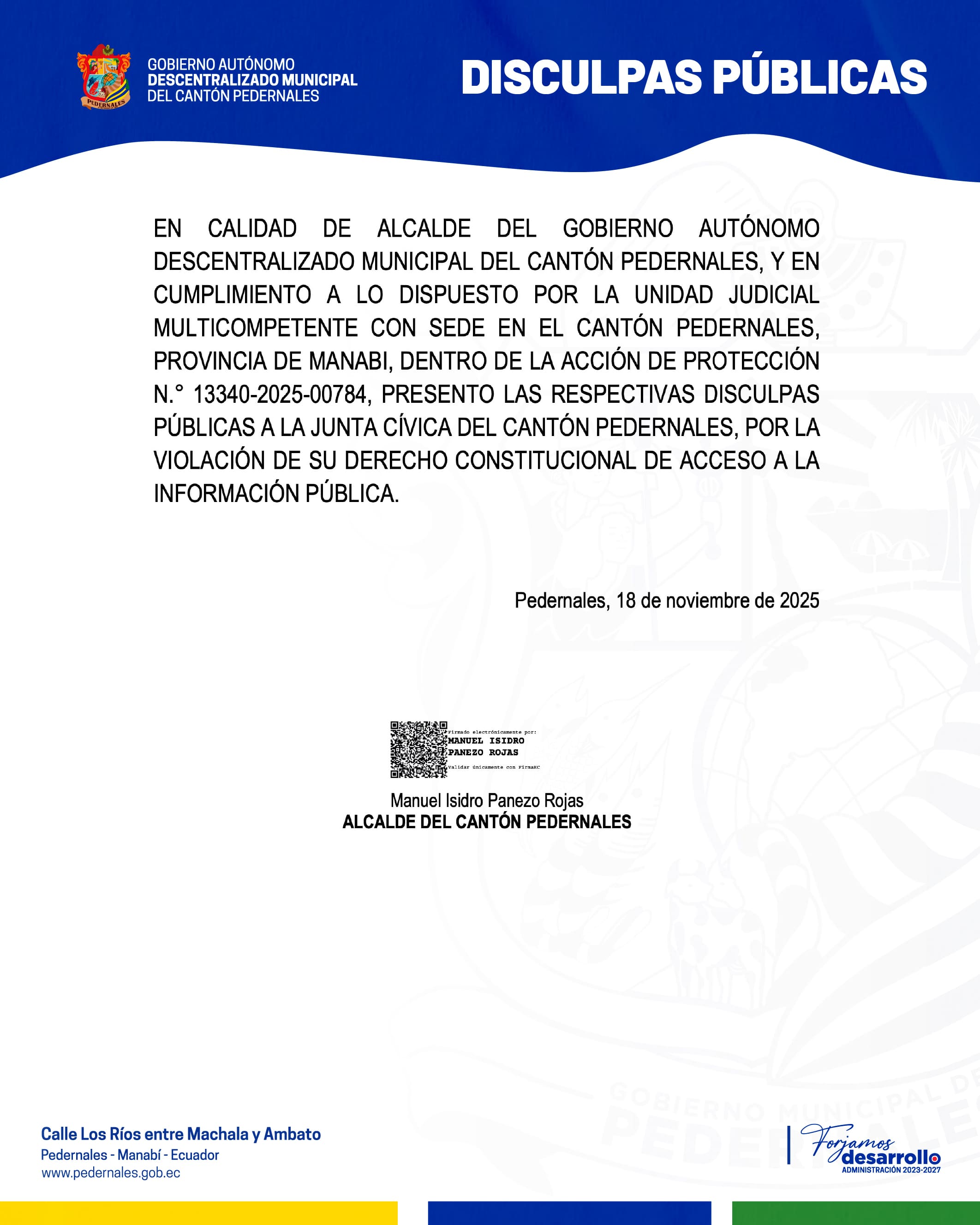 DISCULPAS PÚBLICAS - JUNTA CÍVICA DEL CANTÓN PEDERNALES