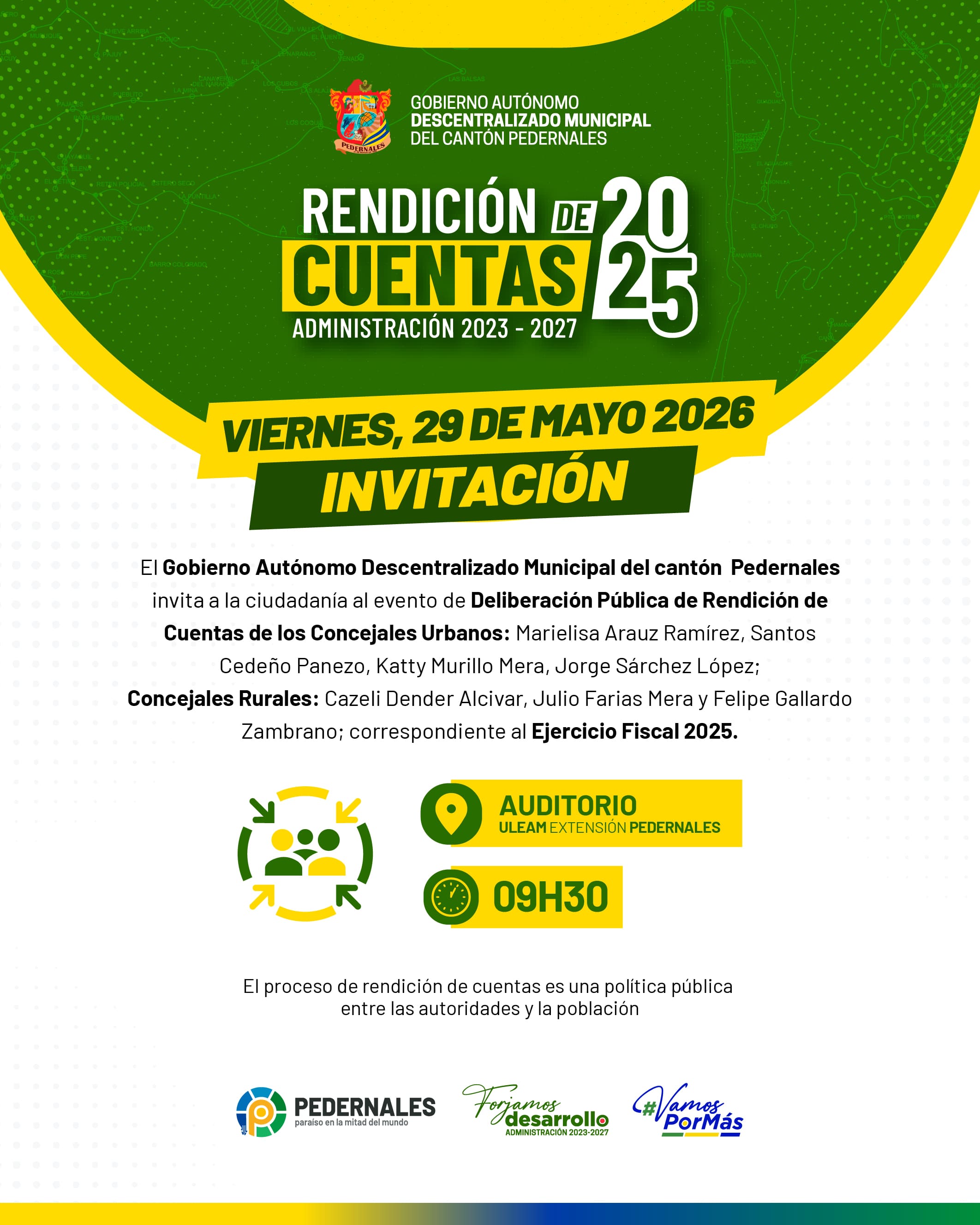 INVITACIÓN A LA RENDICIÓN DE CUENTAS DEL PERIODO 2025 DE LOS CONCEJALES DEL GOBIERNO MUNICIPAL DE PEDERNALES
